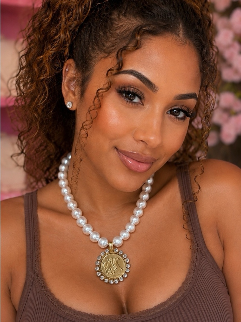 Pearl Necklace with Gold Medallion Pendant - Elegant White Pearls